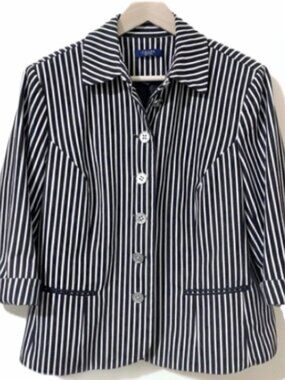 CHAPS Striped Button Front Blazer Navy Blue White Jacket 1X